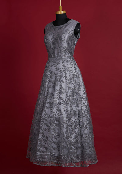 Dark Grey Glitter Net Designer Gown - Koskii
