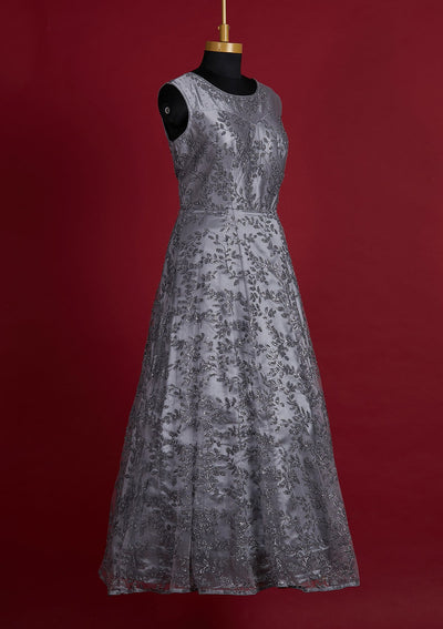 Dark Grey Glitter Net Designer Gown - Koskii