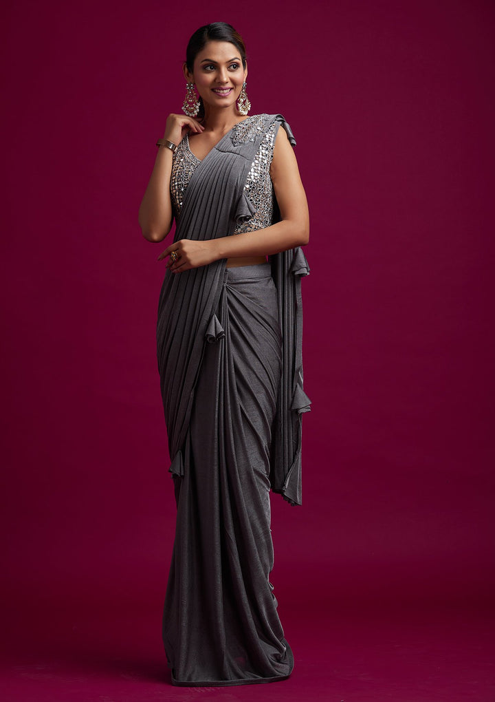 Dark Grey Mirrorwork Lycra Designer Saree - koskii
