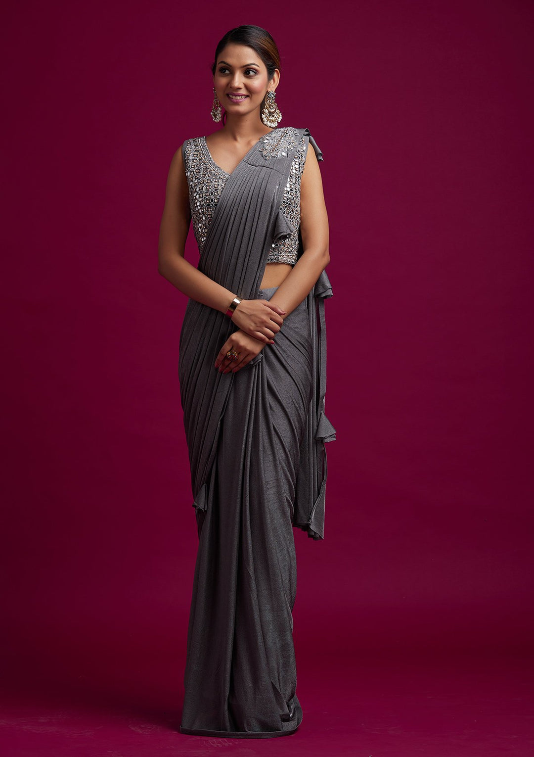 Dark Grey Mirrorwork Lycra Designer Saree - koskii