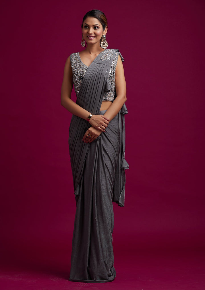 Dark Grey Mirrorwork Lycra Designer Saree - koskii