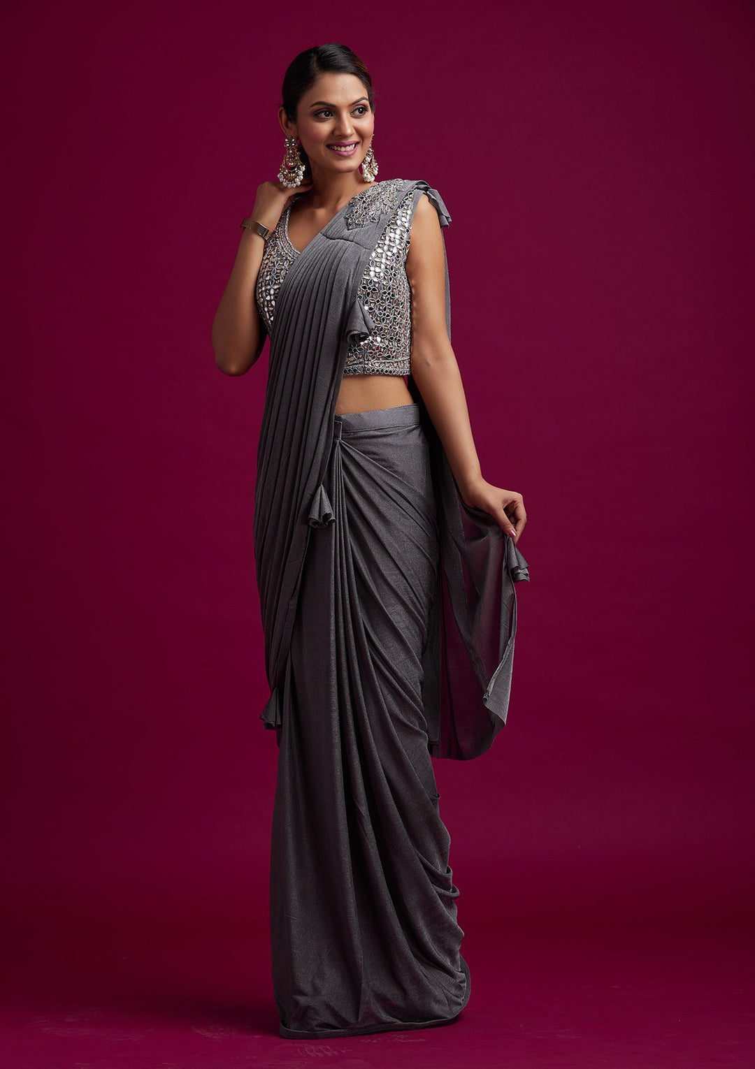 Dark Grey Mirrorwork Lycra Designer Saree - koskii