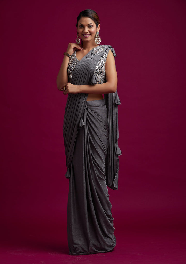 Dark Grey Mirrorwork Lycra Designer Saree - koskii
