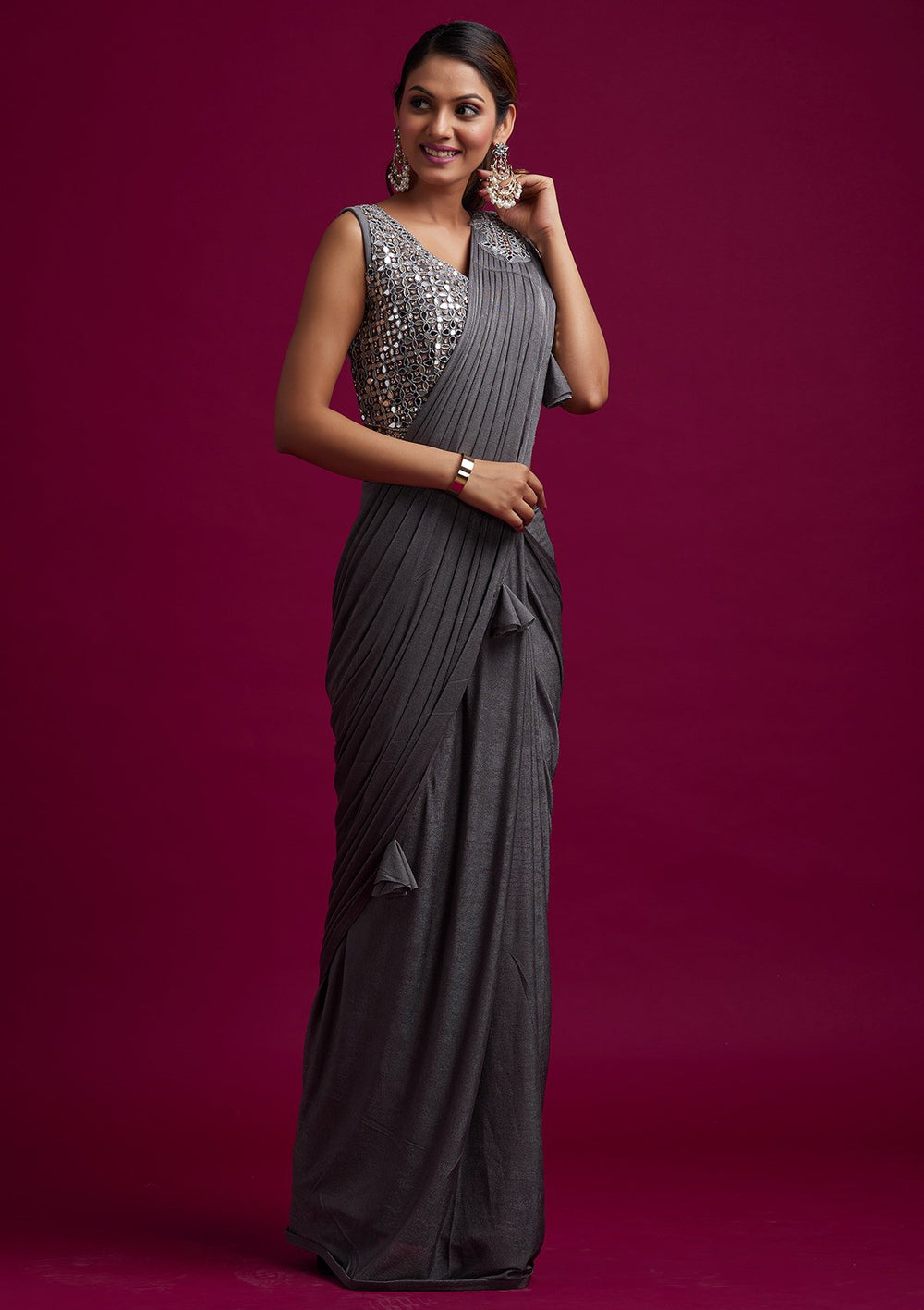 Dark Grey Mirrorwork Lycra Designer Saree - koskii