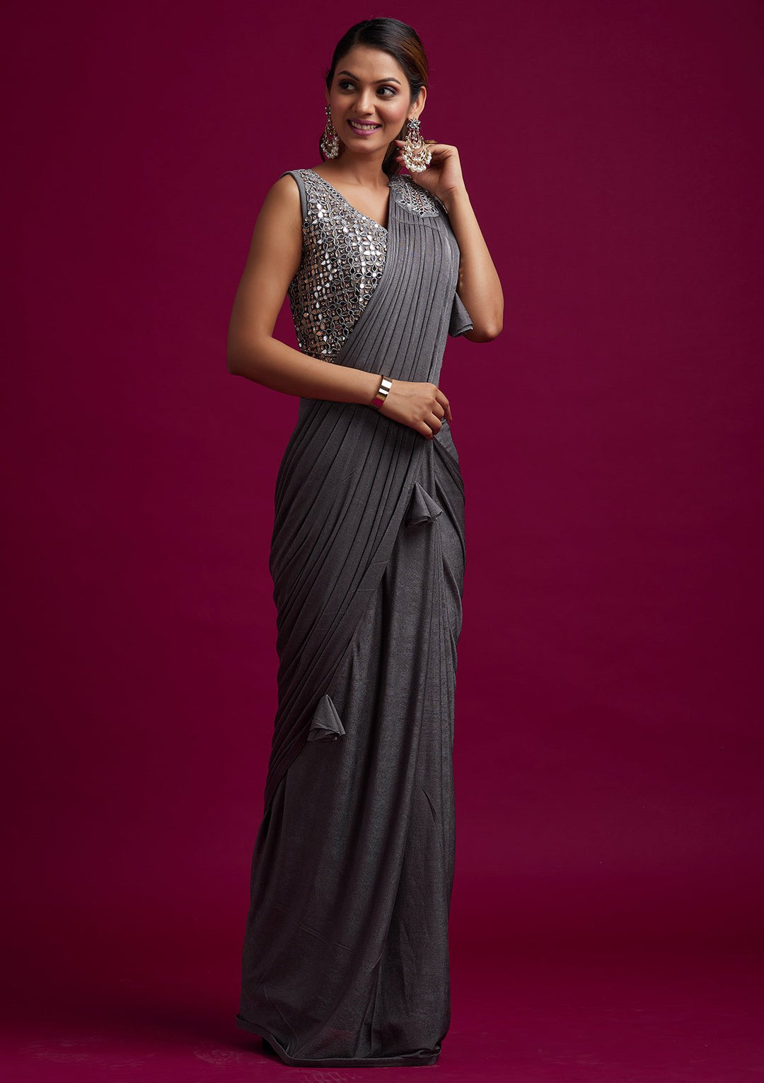 Dark Grey Mirrorwork Lycra Designer Saree - koskii
