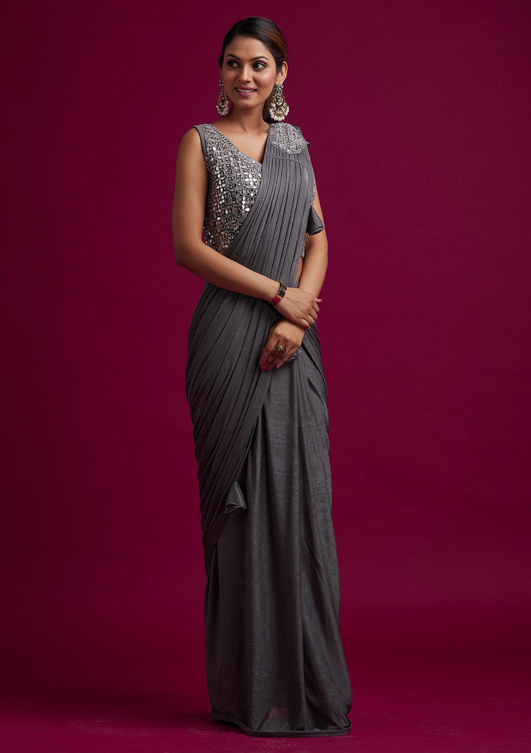 Dark Grey Mirrorwork Lycra Designer Saree - koskii