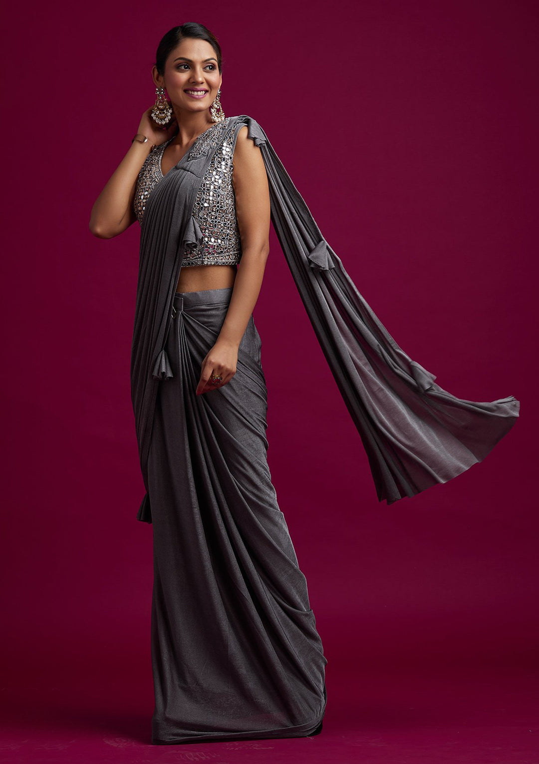 Dark Grey Mirrorwork Lycra Designer Saree - koskii