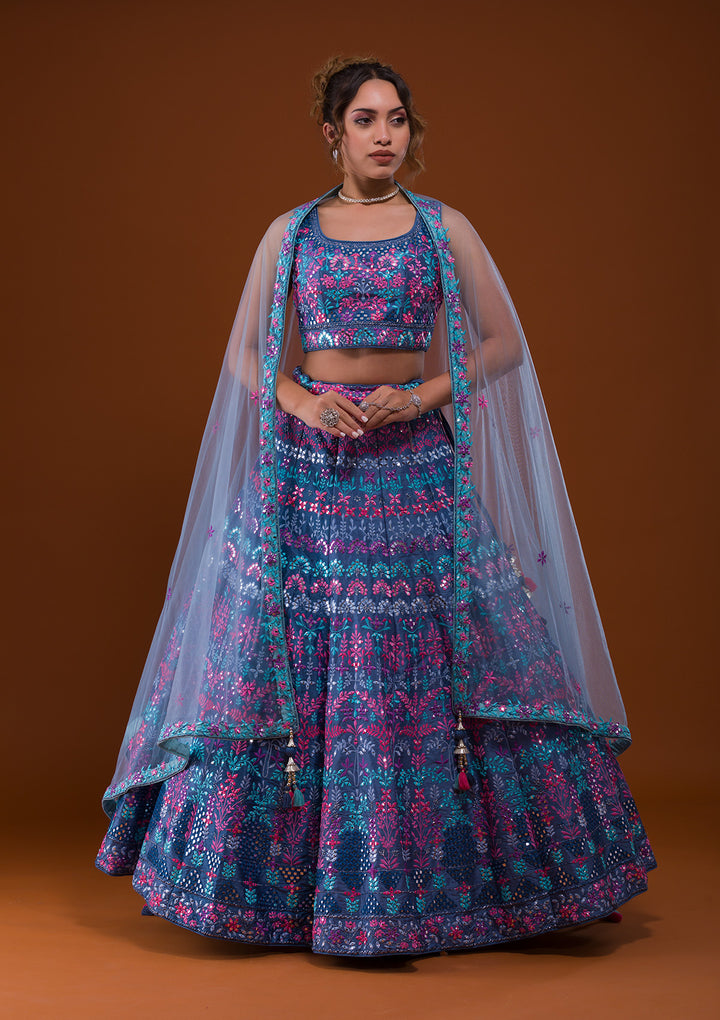 Dark Grey Mirrorwork Raw Silk Designer Lehenga-Koskii