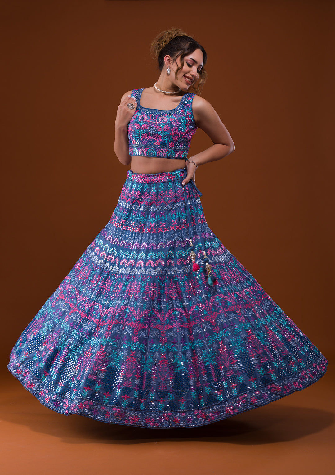 Dark Grey Mirrorwork Raw Silk Designer Lehenga-Koskii