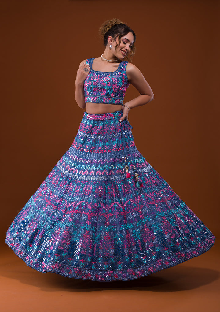 Dark Grey Mirrorwork Raw Silk Designer Lehenga-Koskii