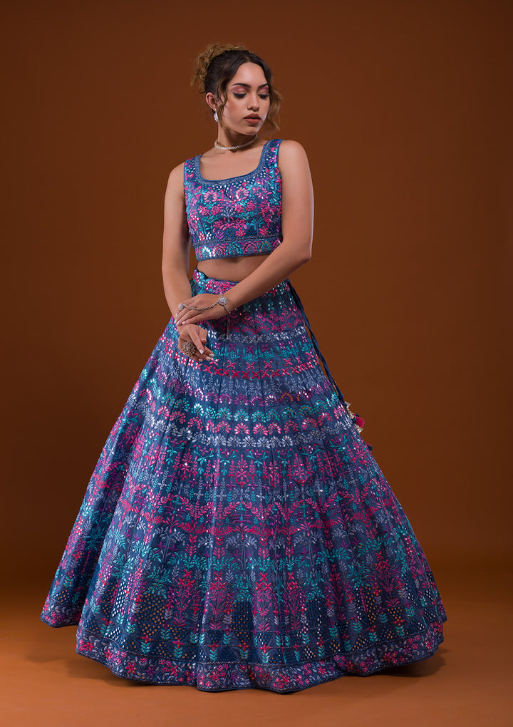 Dark Grey Mirrorwork Raw Silk Designer Lehenga-Koskii