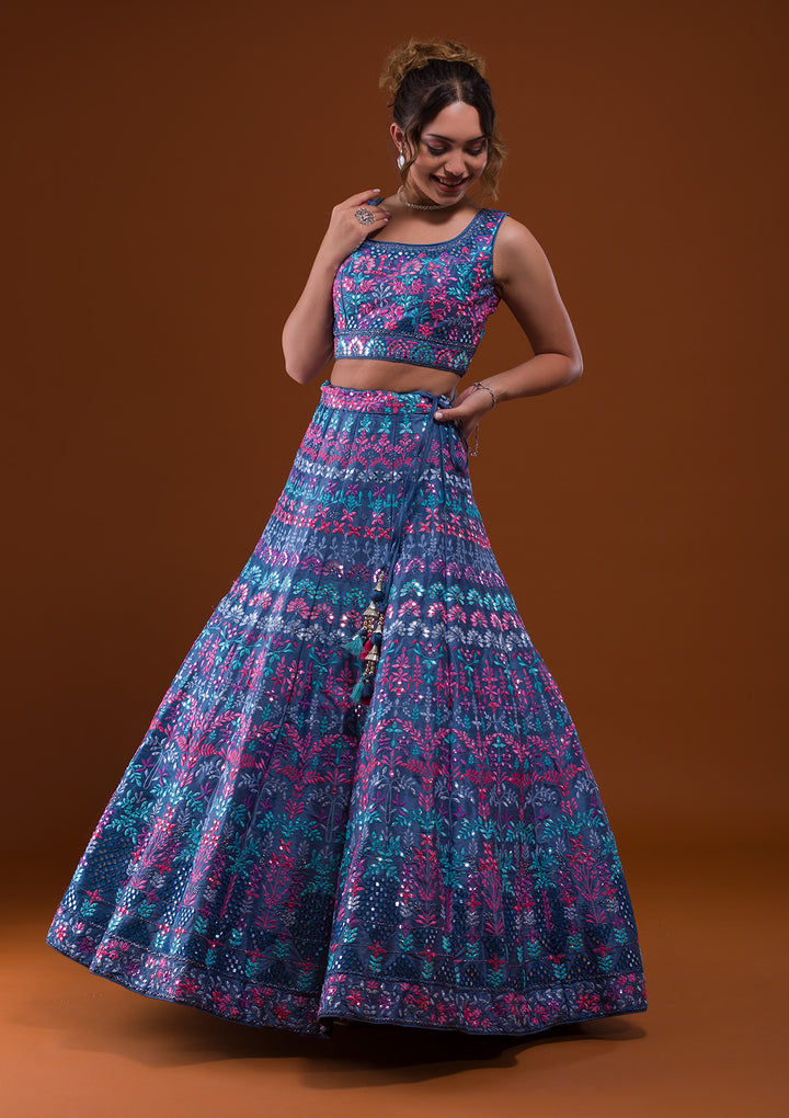 Dark Grey Mirrorwork Raw Silk Designer Lehenga-Koskii