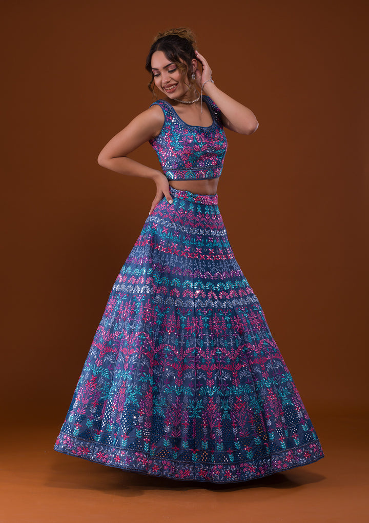 Dark Grey Mirrorwork Raw Silk Designer Lehenga-Koskii