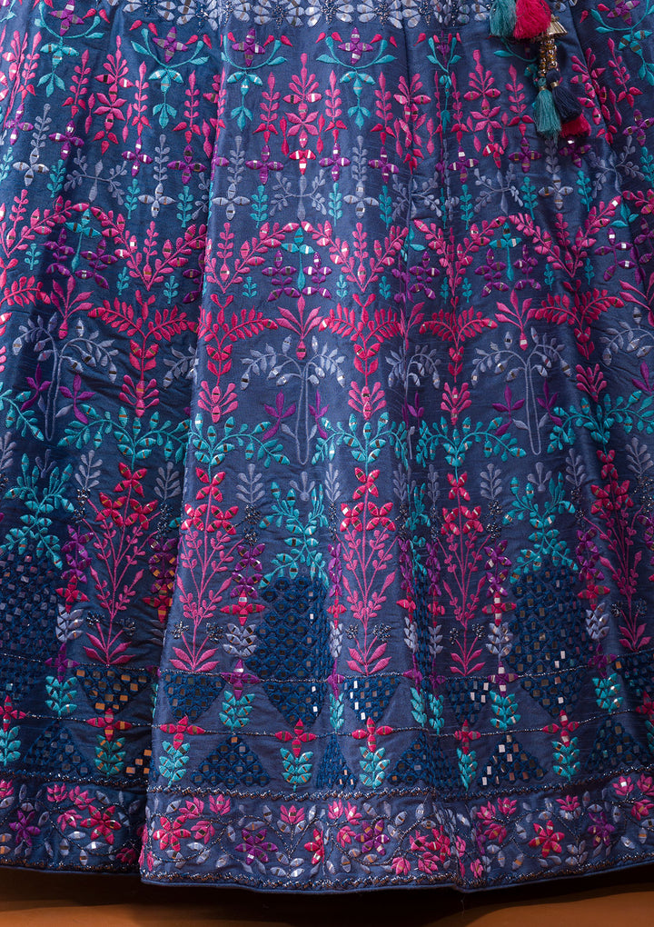 Dark Grey Mirrorwork Raw Silk Designer Lehenga-Koskii