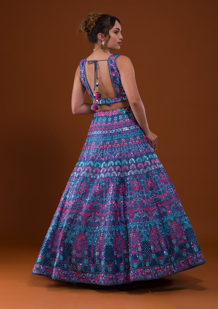 Dark Grey Mirrorwork Raw Silk Designer Lehenga-Koskii