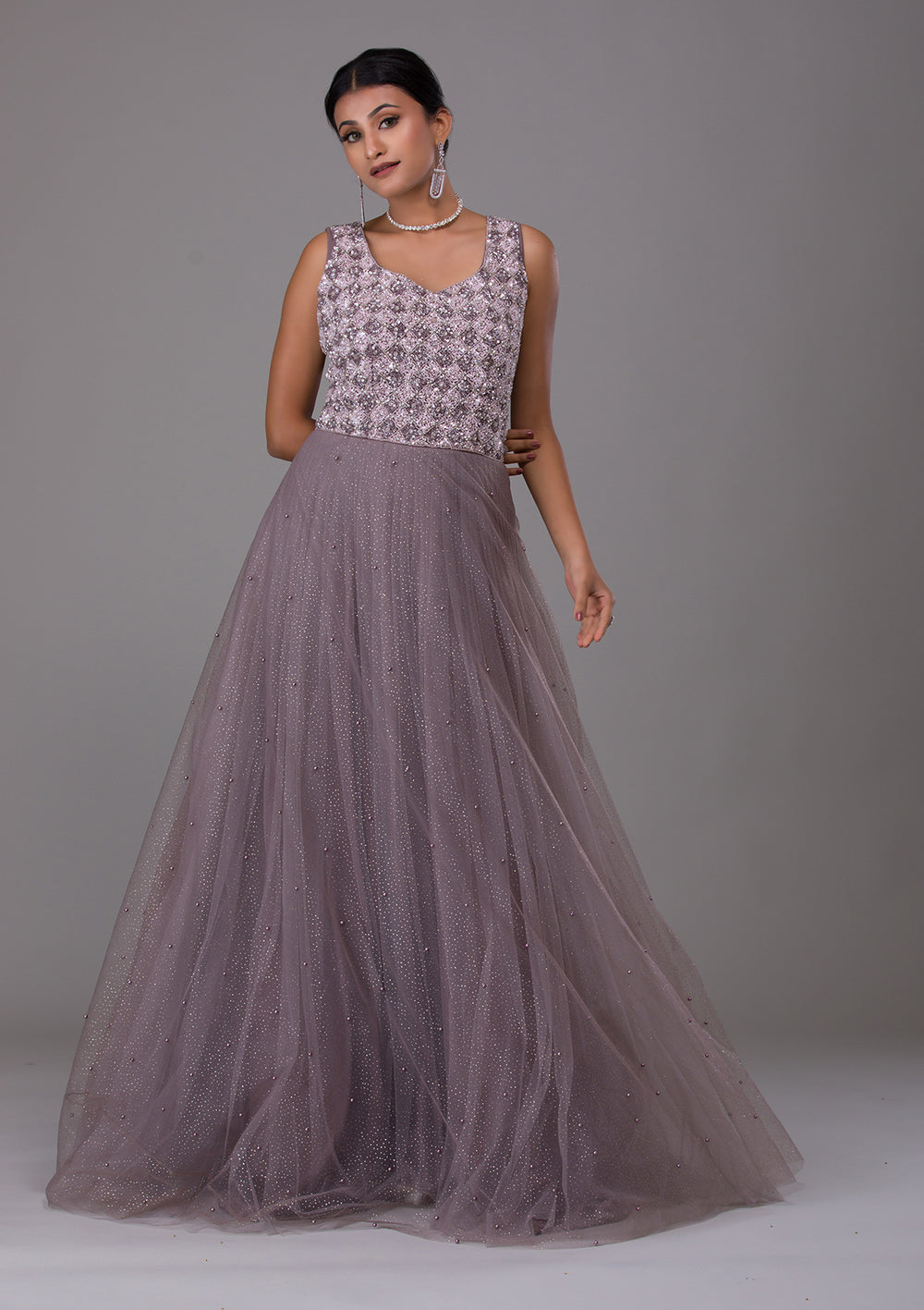 Dark Grey Sequins Net Designer Gown-Koskii