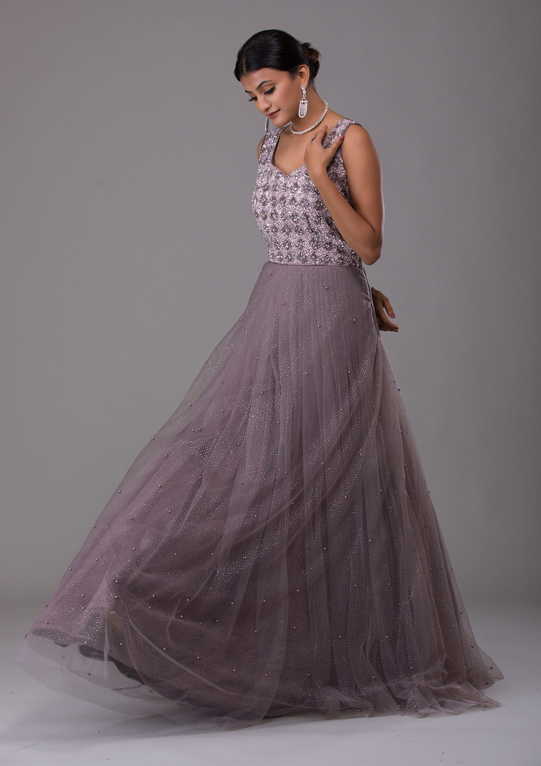 Dark Grey Sequins Net Designer Gown-Koskii
