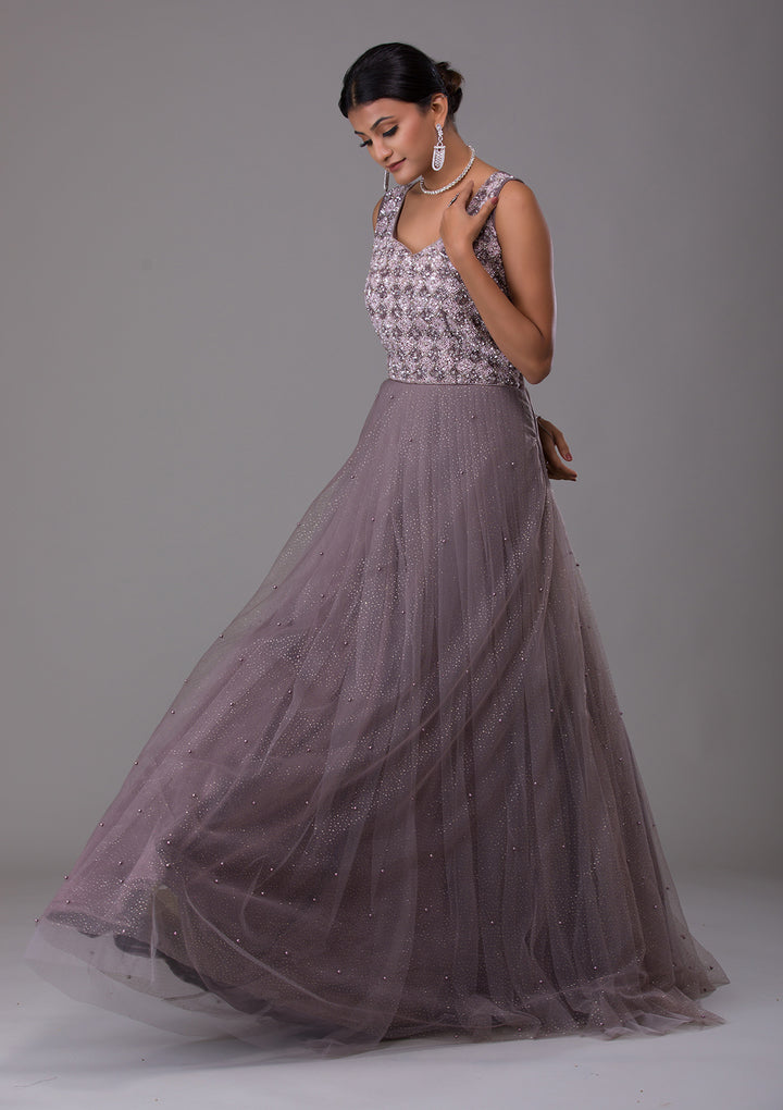 Dark Grey Sequins Net Designer Gown-Koskii