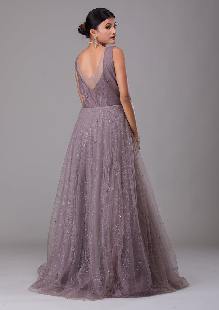 Dark Grey Sequins Net Designer Gown-Koskii