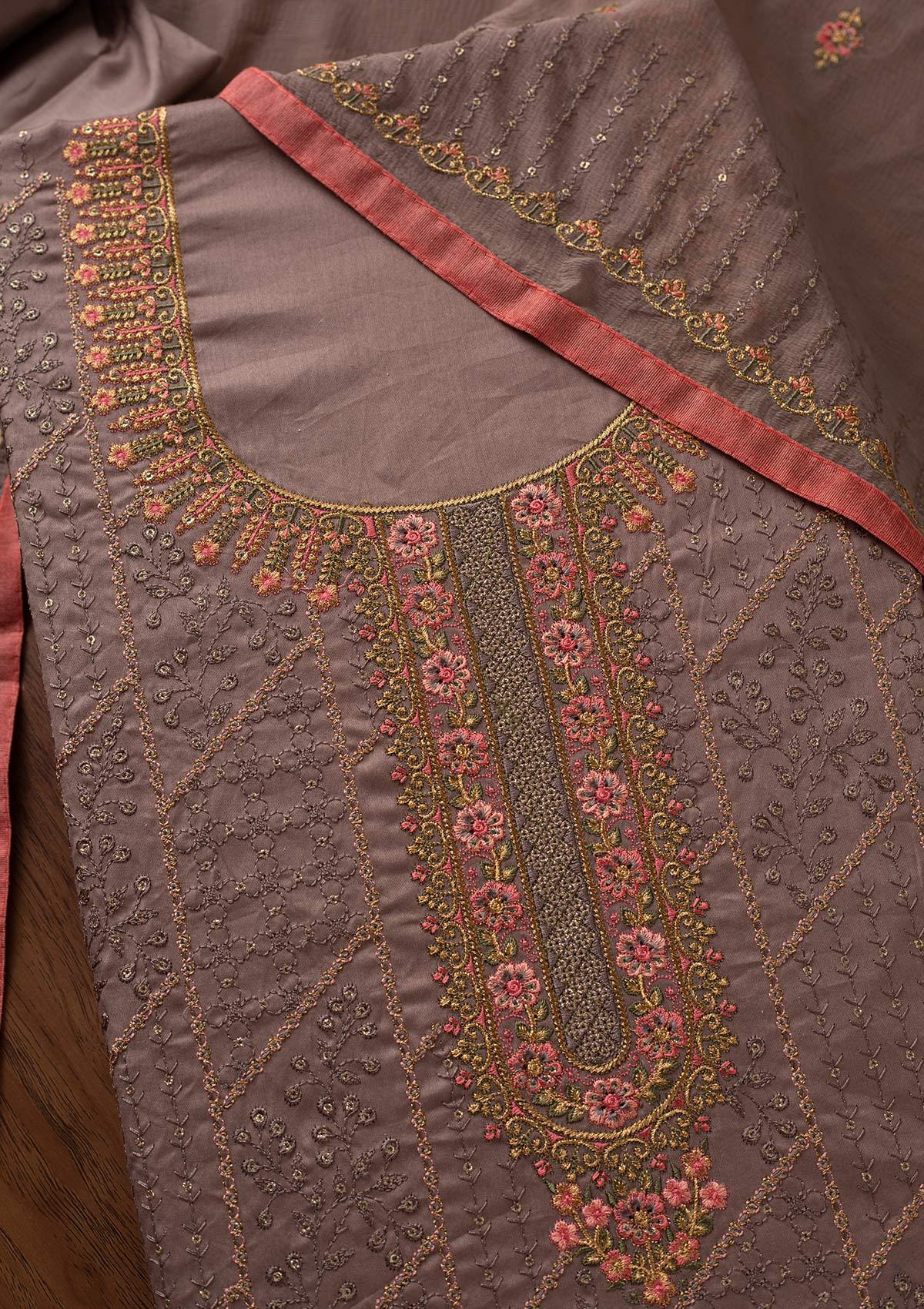 Dark Grey Threadwork Cotton Designer Unstitched Salwar Suit - koskii