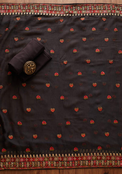 Dark Grey Threadwork Georgette Designer Unstitched Salwar Suit - koskii