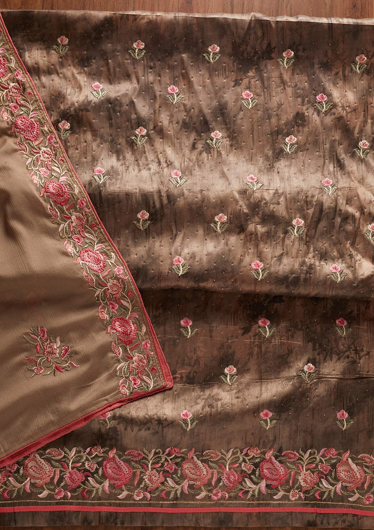 Dark Grey Threadwork Satin Designer Unstitched Salwar Suit - koskii