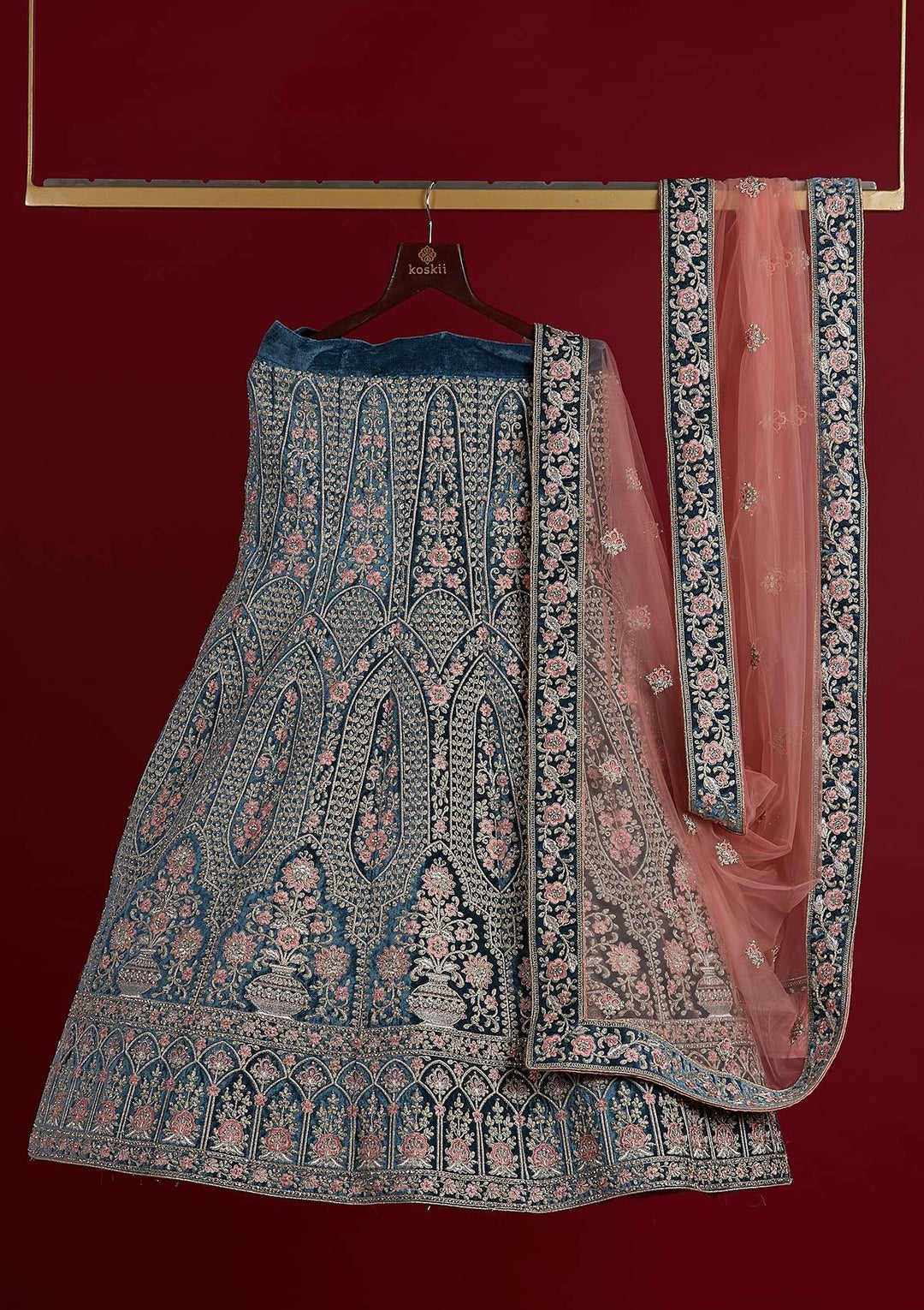 Dark Grey Silver Zariwork Velvet Designer Semi-Stitched Lehenga - koskii