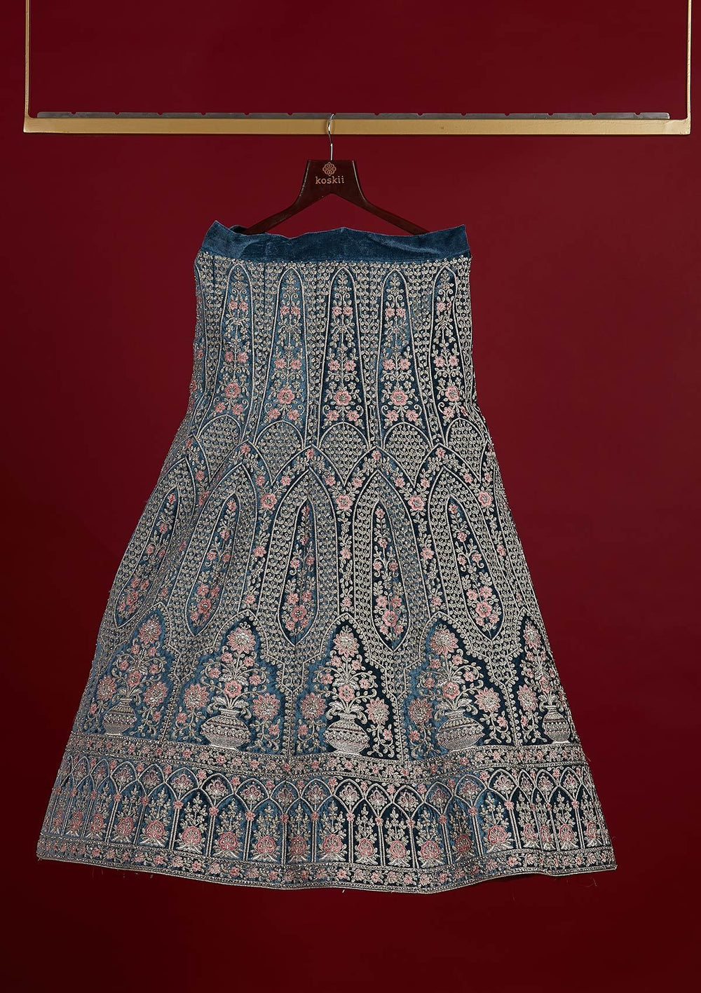 Dark Grey Silver Zariwork Velvet Designer Semi-Stitched Lehenga - koskii