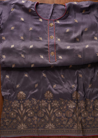 Dark Grey Zariwork Art Silk Designer Semi-Stitched Salwar Suit - koskii