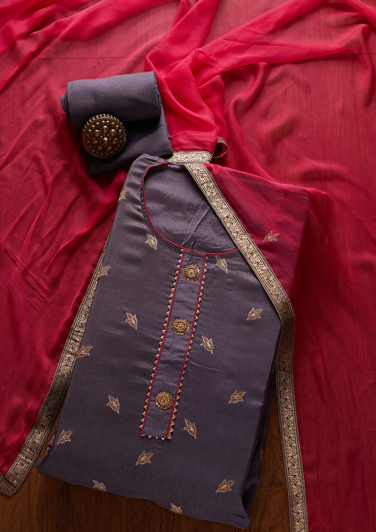 Dark Grey Zariwork Art Silk Designer Semi-Stitched Salwar Suit - koskii