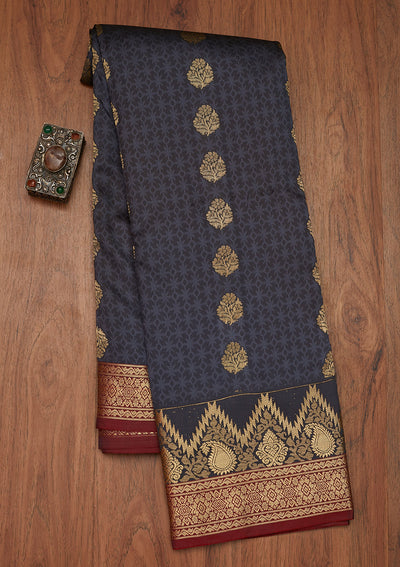 Dark Grey Zariwork Art Silk Designer Saree - Koskii