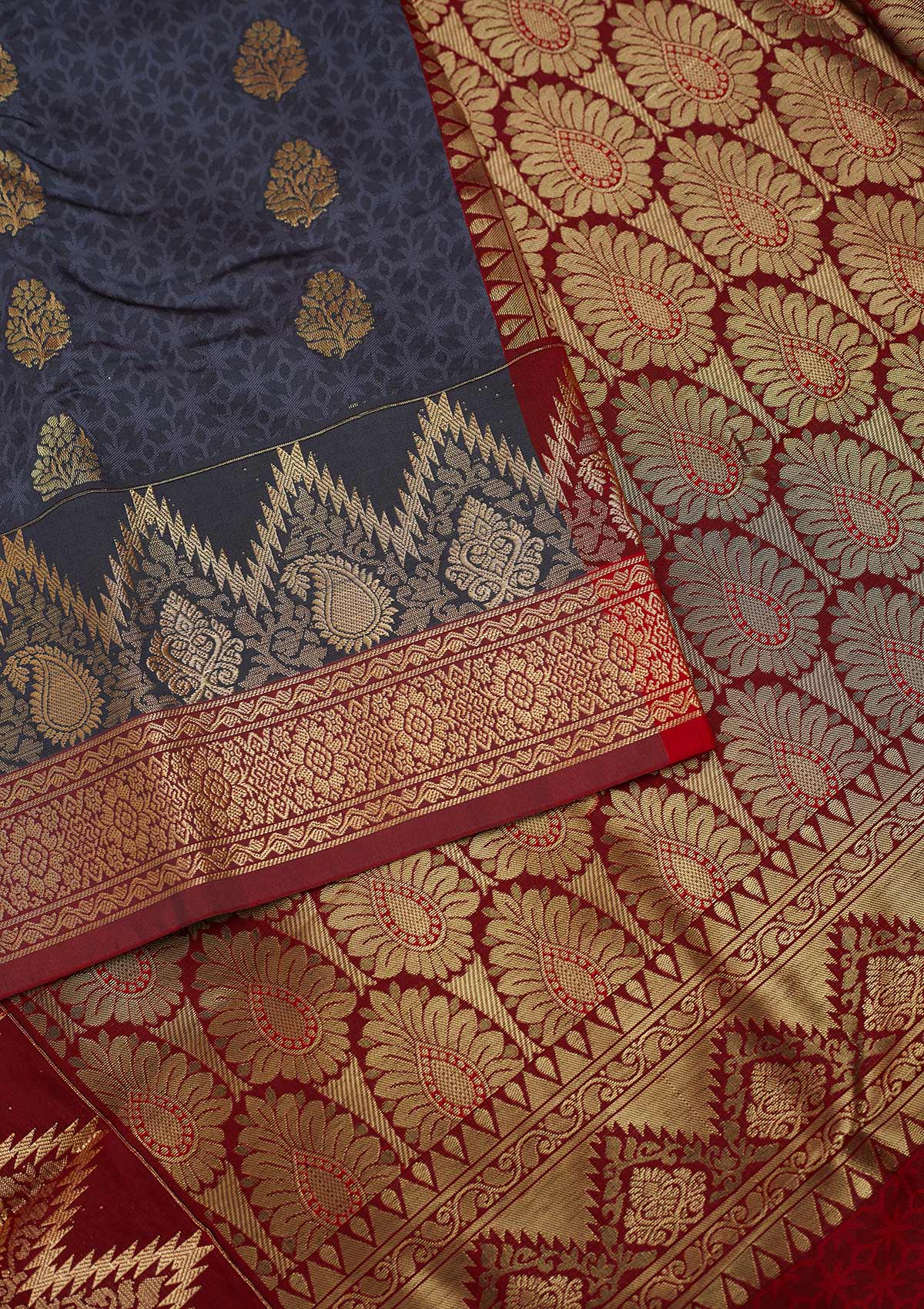 Dark Grey Zariwork Art Silk Designer Saree - Koskii