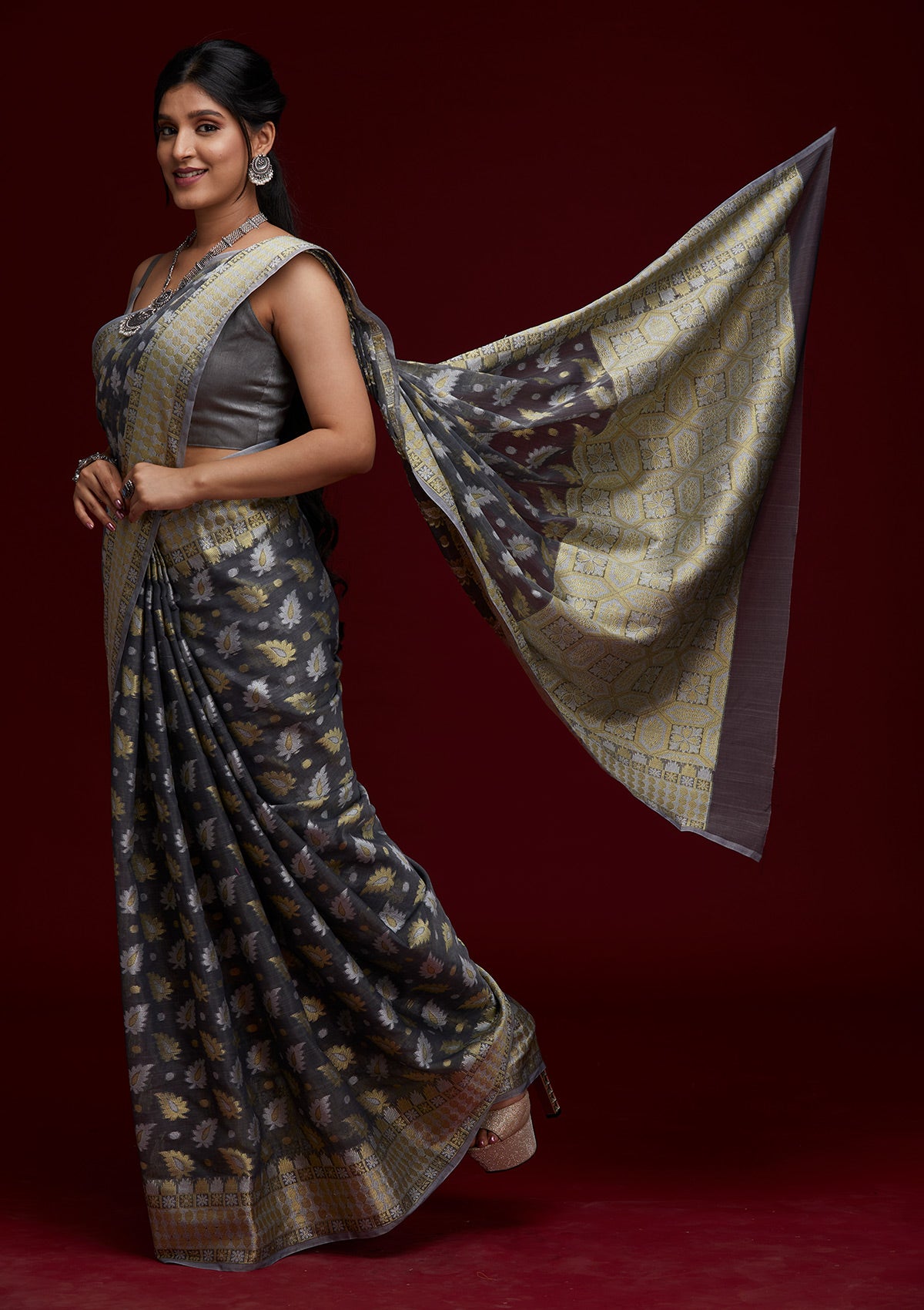 Dark Grey Zariwork Chanderi Saree- Koskii