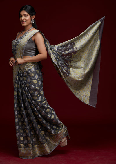 Dark Grey Zariwork Chanderi Saree- Koskii