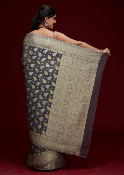 Dark Grey Zariwork Chanderi Saree - Koskii