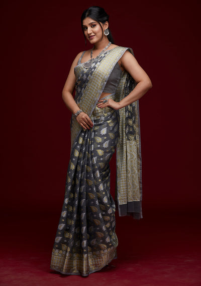 Dark Grey Zariwork Chanderi Saree - Koskii