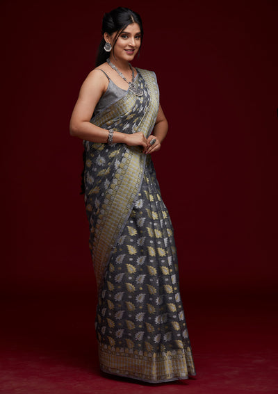 Dark Grey Zariwork Chanderi Saree - Koskii