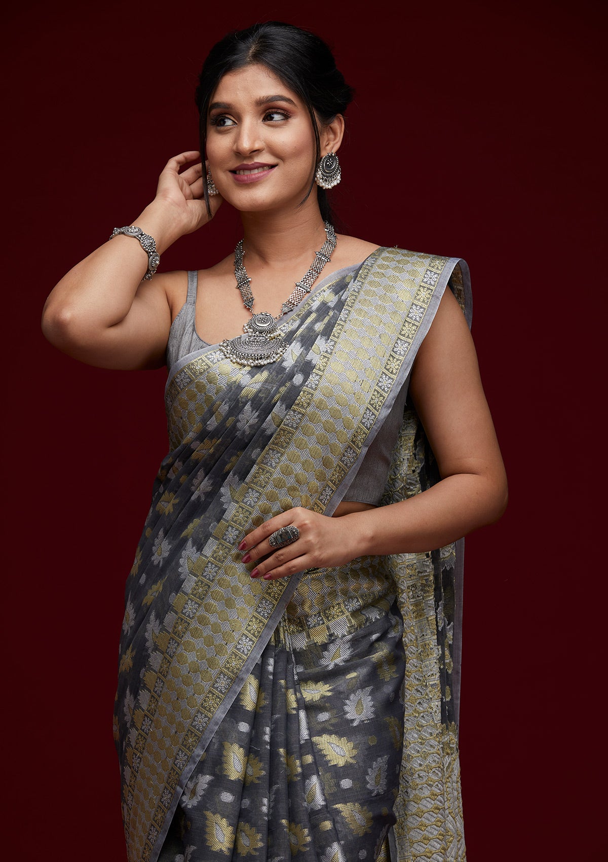 Dark Grey Zariwork Chanderi Saree - Koskii