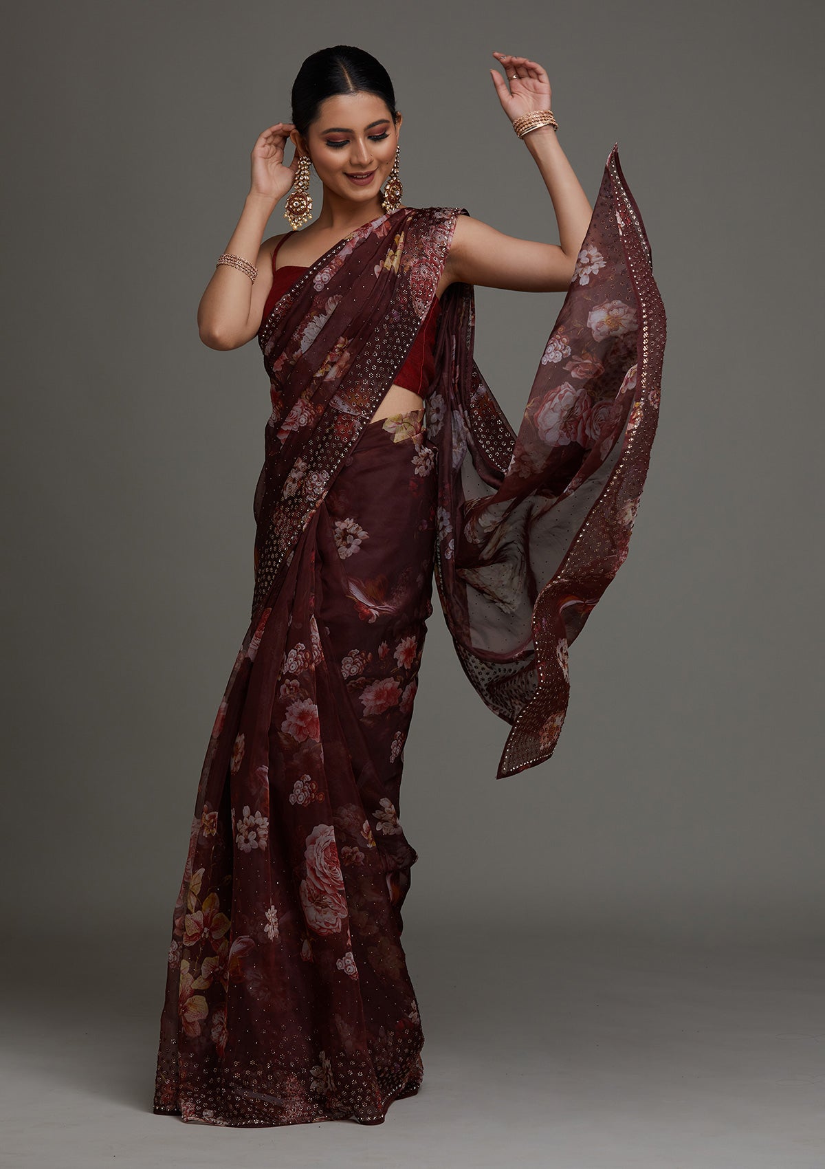 Dark Maroon Swarovski Tissue Saree- Koskii