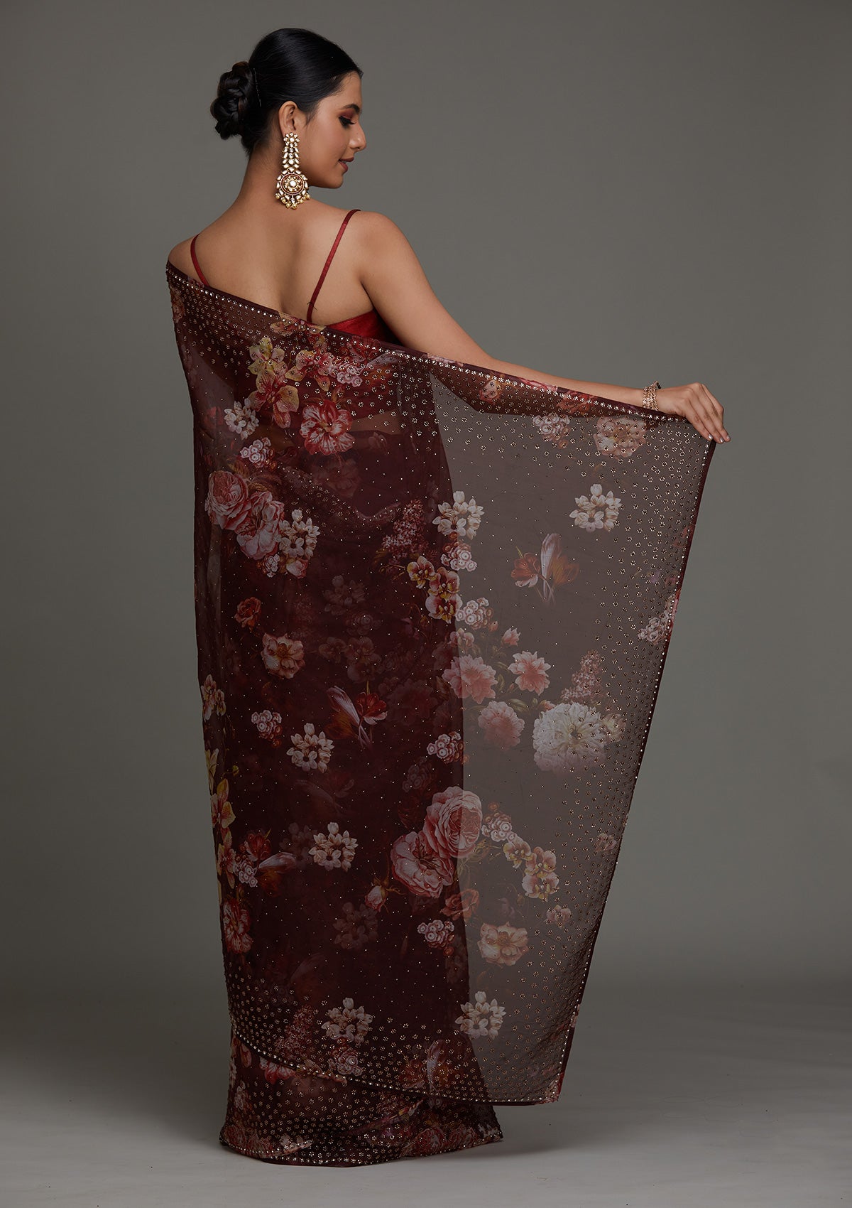 Dark Maroon Swarovski Tissue Saree - Koskii