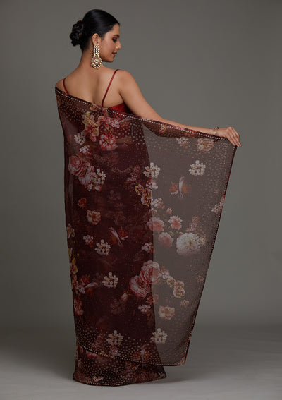 Dark Maroon Swarovski Tissue Saree - Koskii