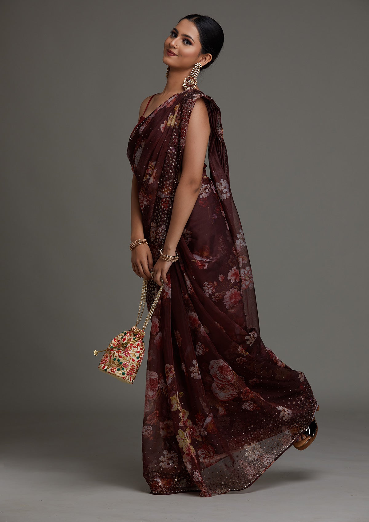 Dark Maroon Swarovski Tissue Saree - Koskii