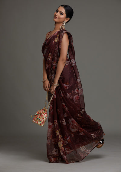 Dark Maroon Swarovski Tissue Saree - Koskii