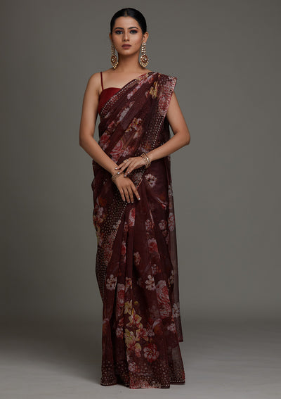 Dark Maroon Swarovski Tissue Saree - Koskii