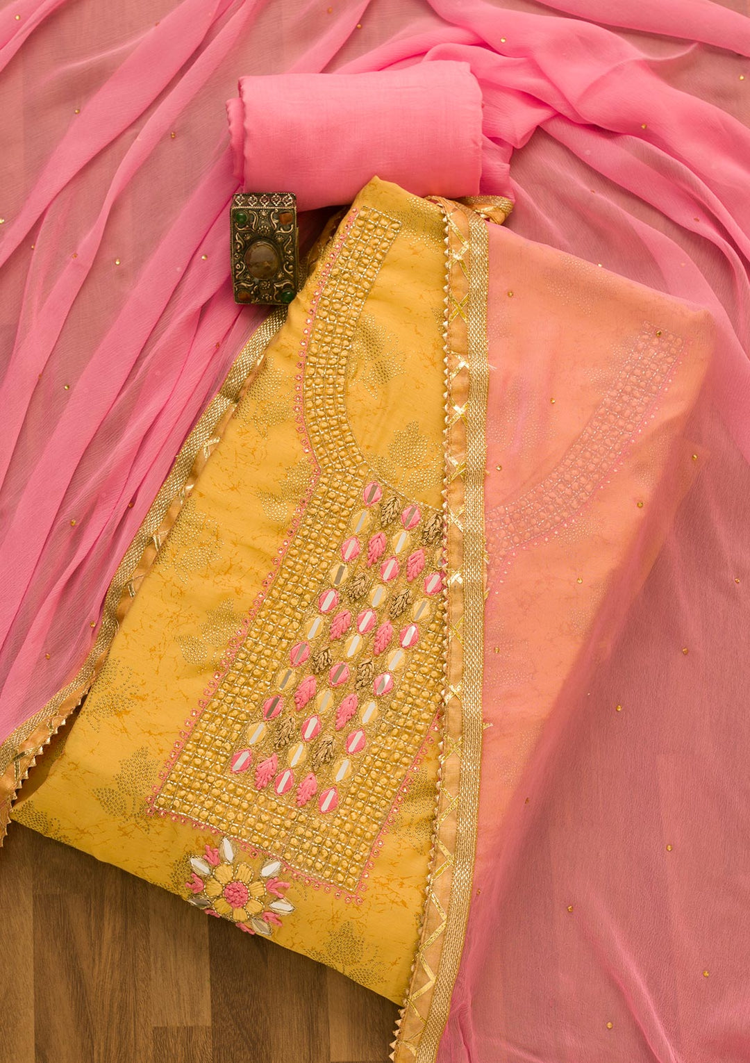 Gold Cutdana Semi Crepe Unstitched Salwar Suit-Koskii