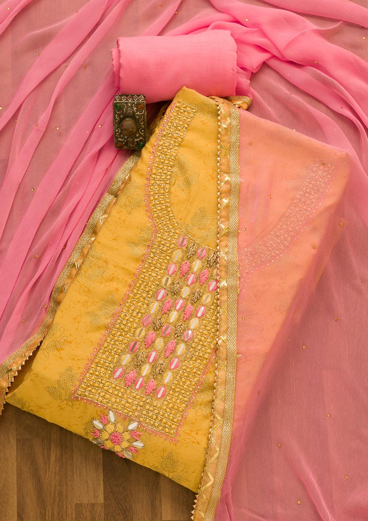 Gold Cutdana Semi Crepe Unstitched Salwar Suit-Koskii