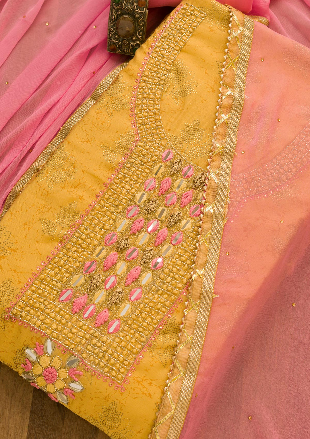 Gold Cutdana Semi Crepe Unstitched Salwar Suit-Koskii