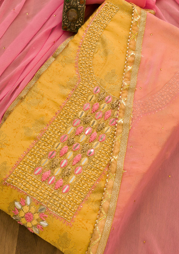 Gold Cutdana Semi Crepe Unstitched Salwar Suit-Koskii