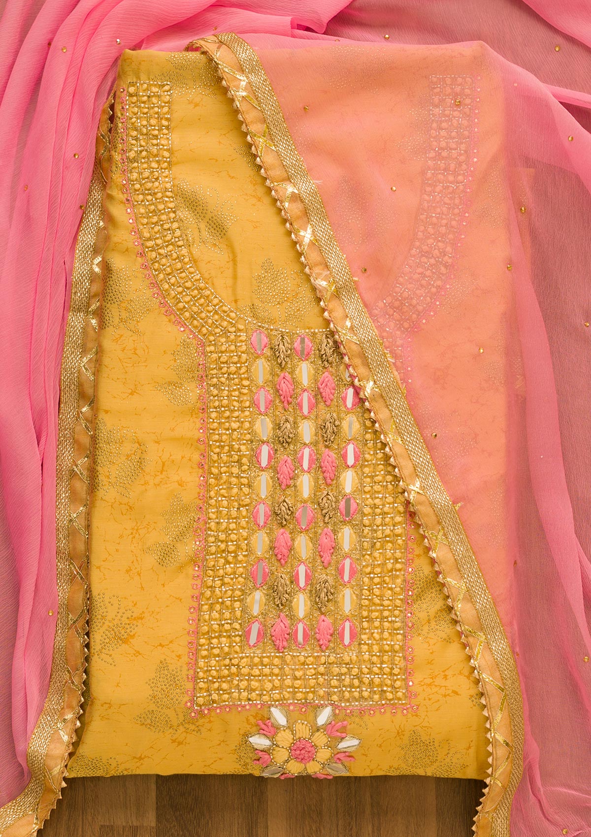 Gold Cutdana Semi Crepe Unstitched Salwar Suit-Koskii