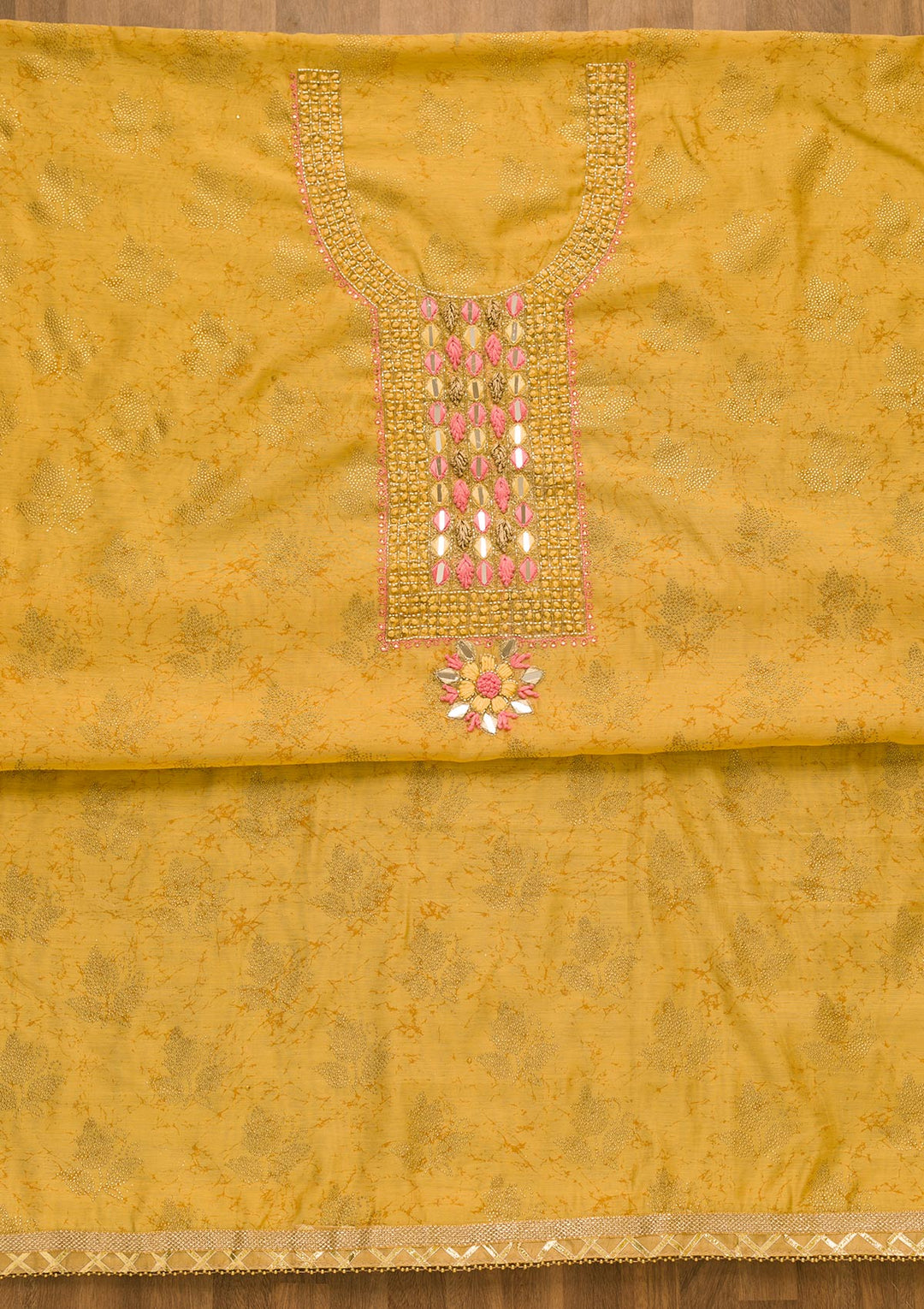 Gold Cutdana Semi Crepe Unstitched Salwar Suit-Koskii